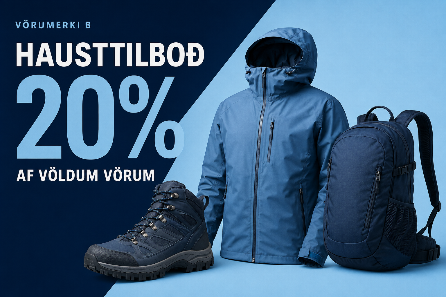 Sýniauglýsing frá Vörumerki B: Hausttilboð, 20% af völdum vörum. Gönguskór, útivistarjakki og bakpoki.